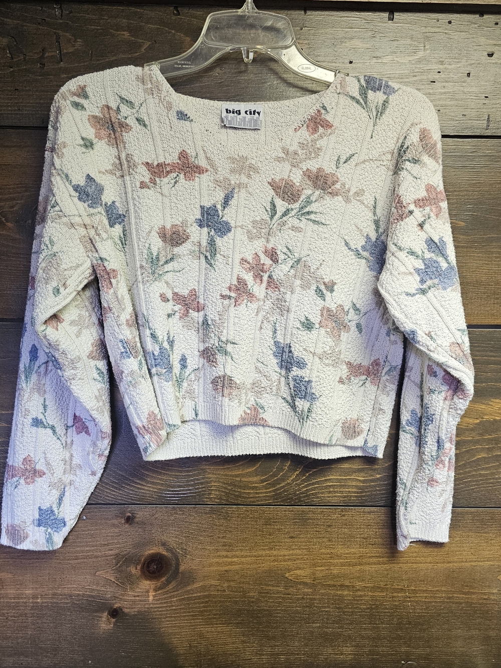 Big City Cream Floral Knit Sweater Cropped Long Sleeve Size Small